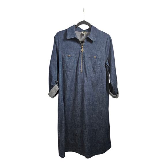 Ann Klein Chambray Shirt Dress Size 8 Dark Wash Collared RollTab Sleeves Pockets - Picture 1 of 10